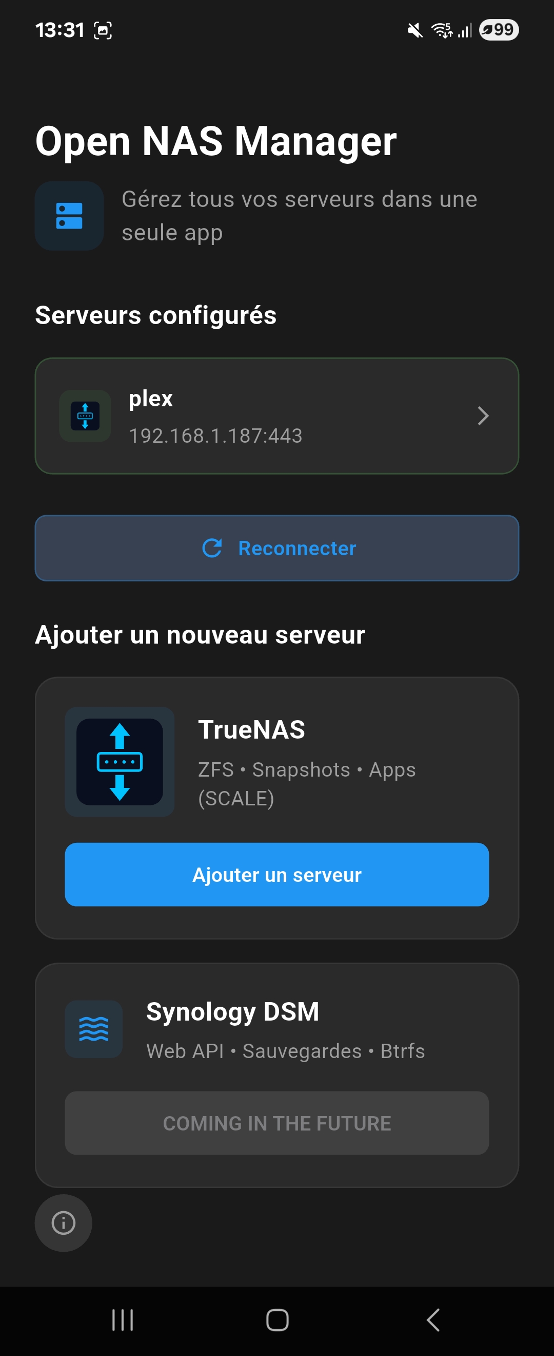 Liste des serveurs NAS configurés dans l'application